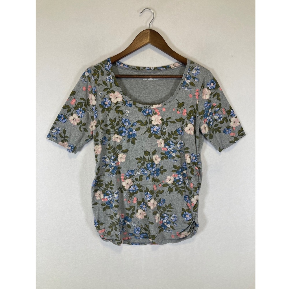 Floral Cottagecore Motherhood Maternity Women LG Gray Ruched Side Scoop Neck Tee